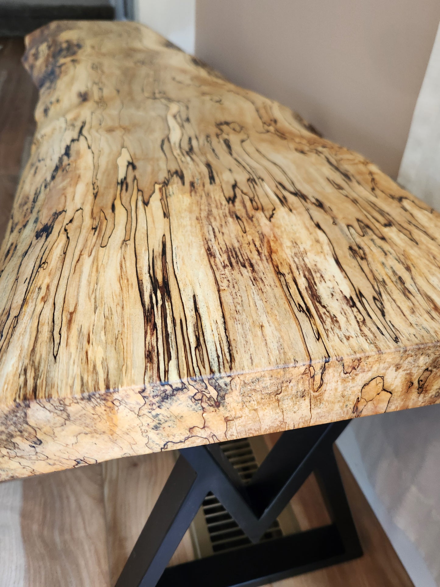 Spalted maple bench for seating and entryway with contemporary metal legs