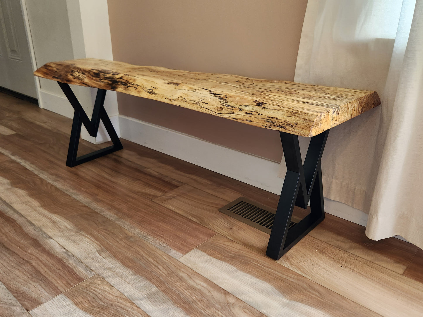 Spalted maple bench for seating and entryway with contemporary metal legs