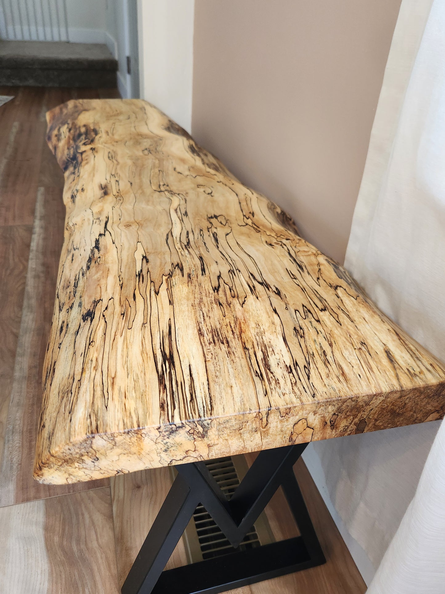Spalted maple bench for seating and entryway with contemporary metal legs