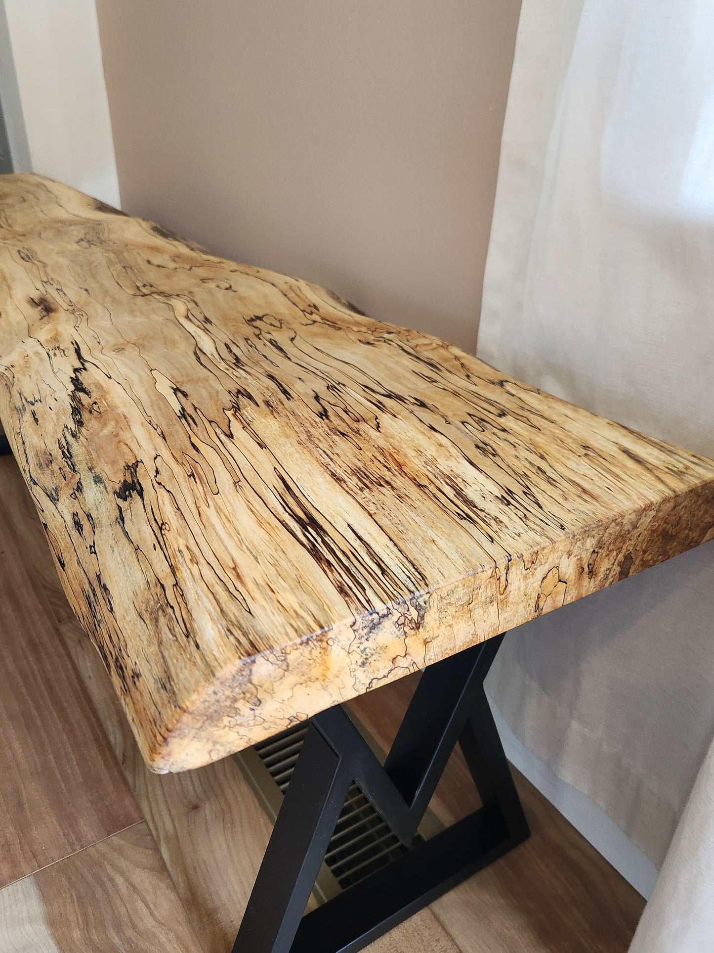 Spalted maple bench for seating and entryway with contemporary metal legs