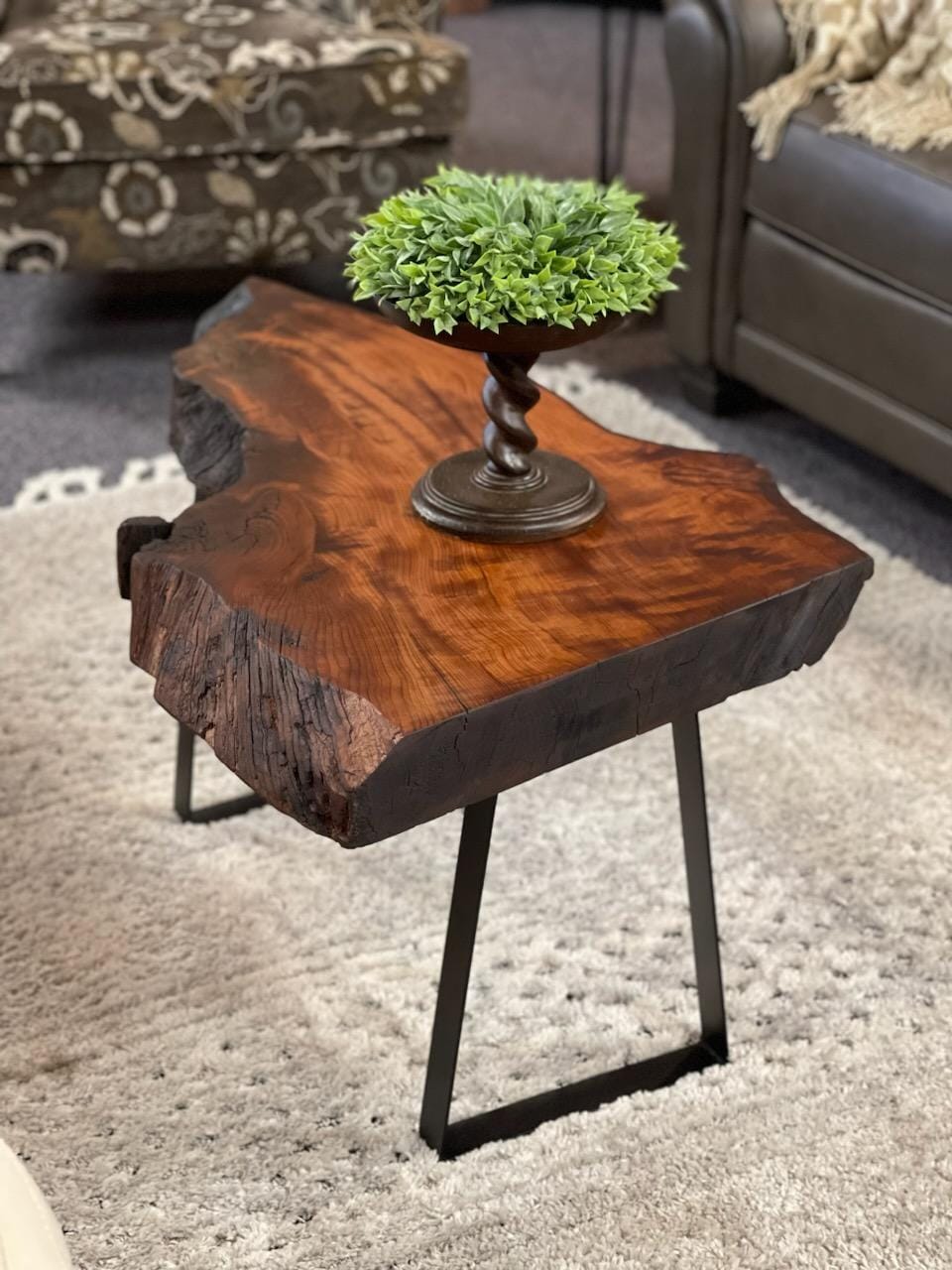 Live edge black walnut side table with delicate black metal legs