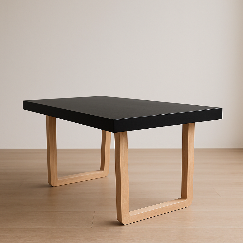 Contemporary oak dining table with black top and natural finished wood legs that are rounded at the bottom corners