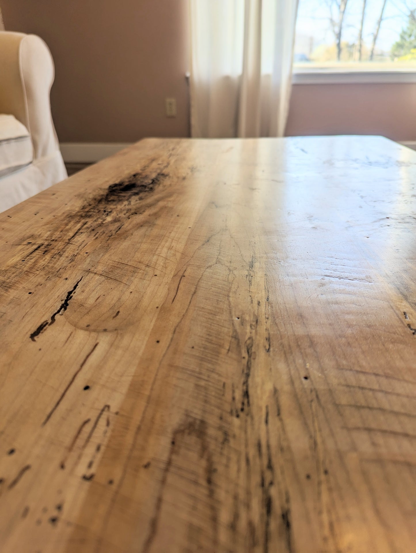 Rustic spalted maple coffee table with thick squared metal legs