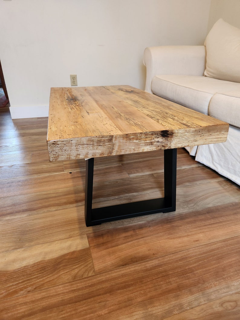 Rustic spalted maple coffee table with thick squared metal legs