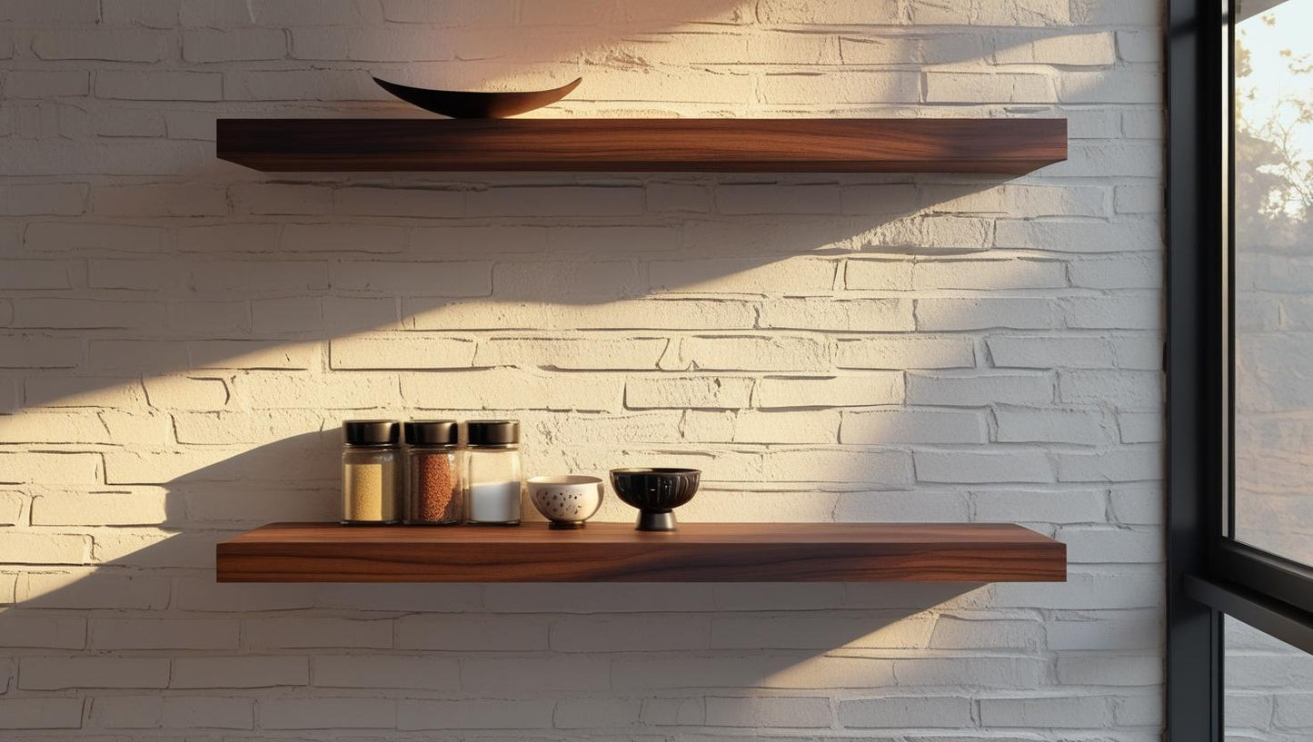 Modern walnut floating shelves