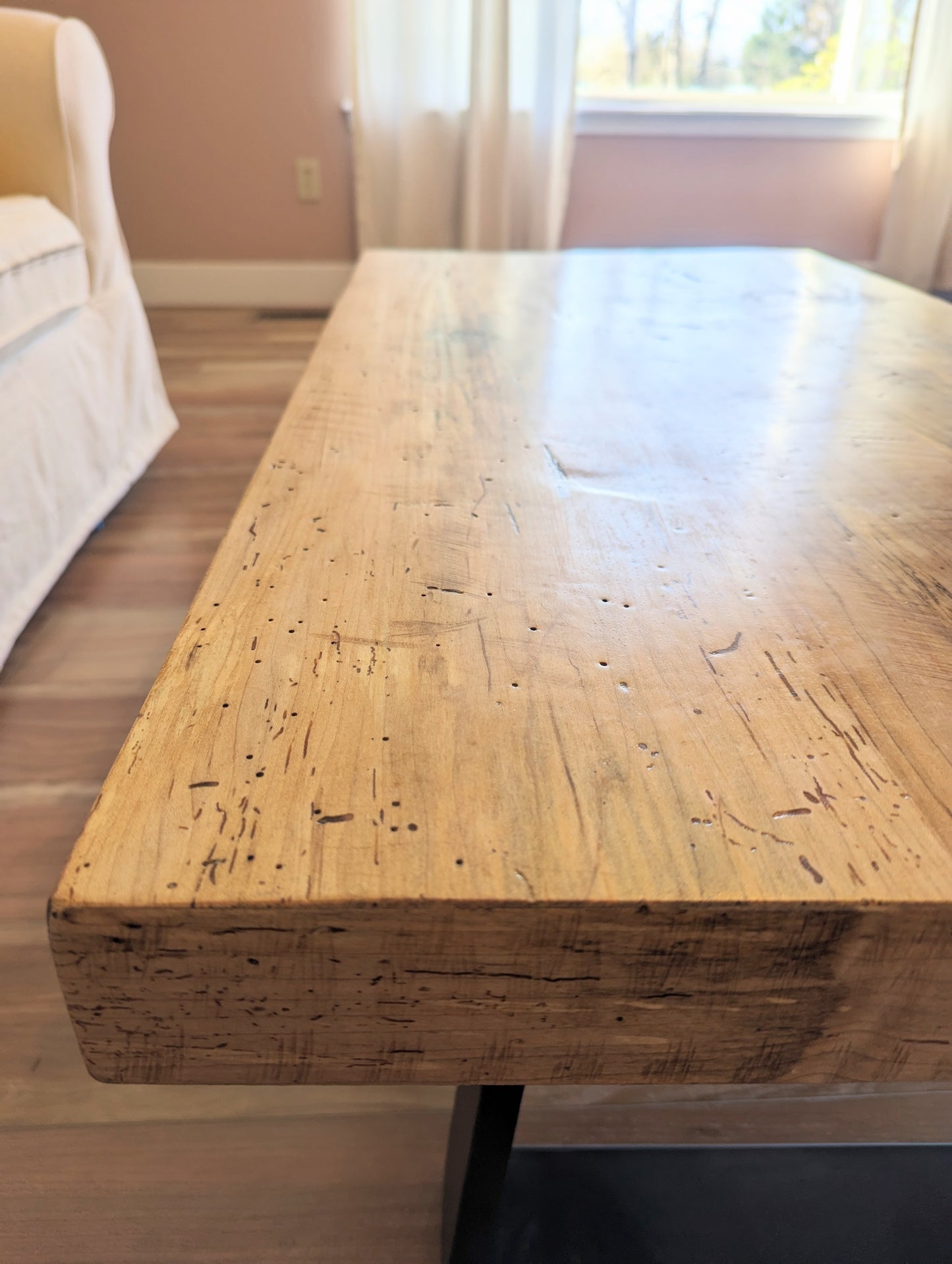 Rustic spalted maple coffee table with thick squared metal legs