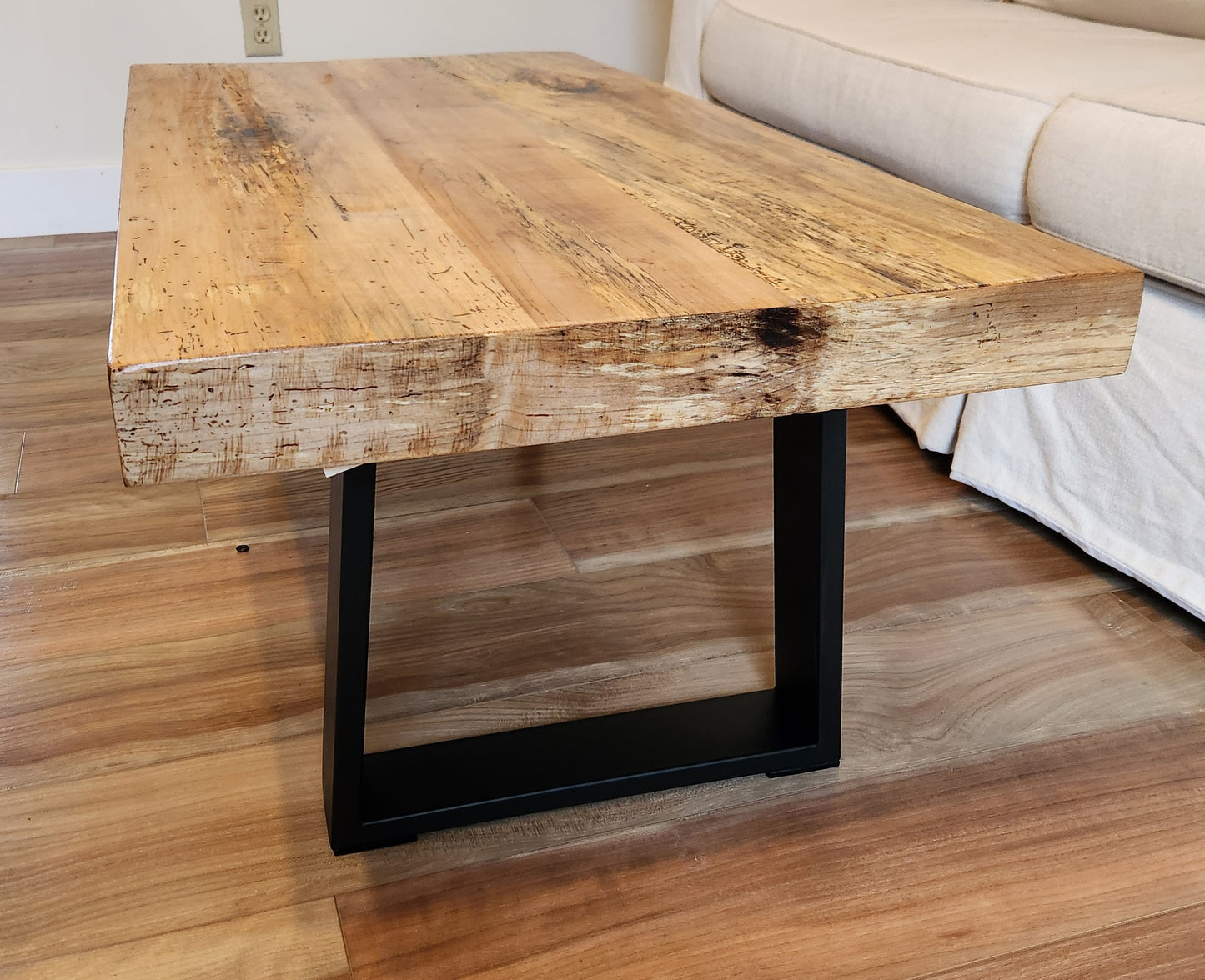 Rustic spalted maple coffee table with thick squared metal legs