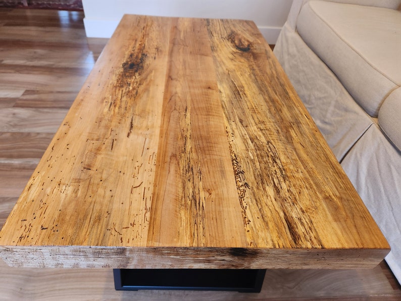 Rustic spalted maple coffee table with thick squared metal legs