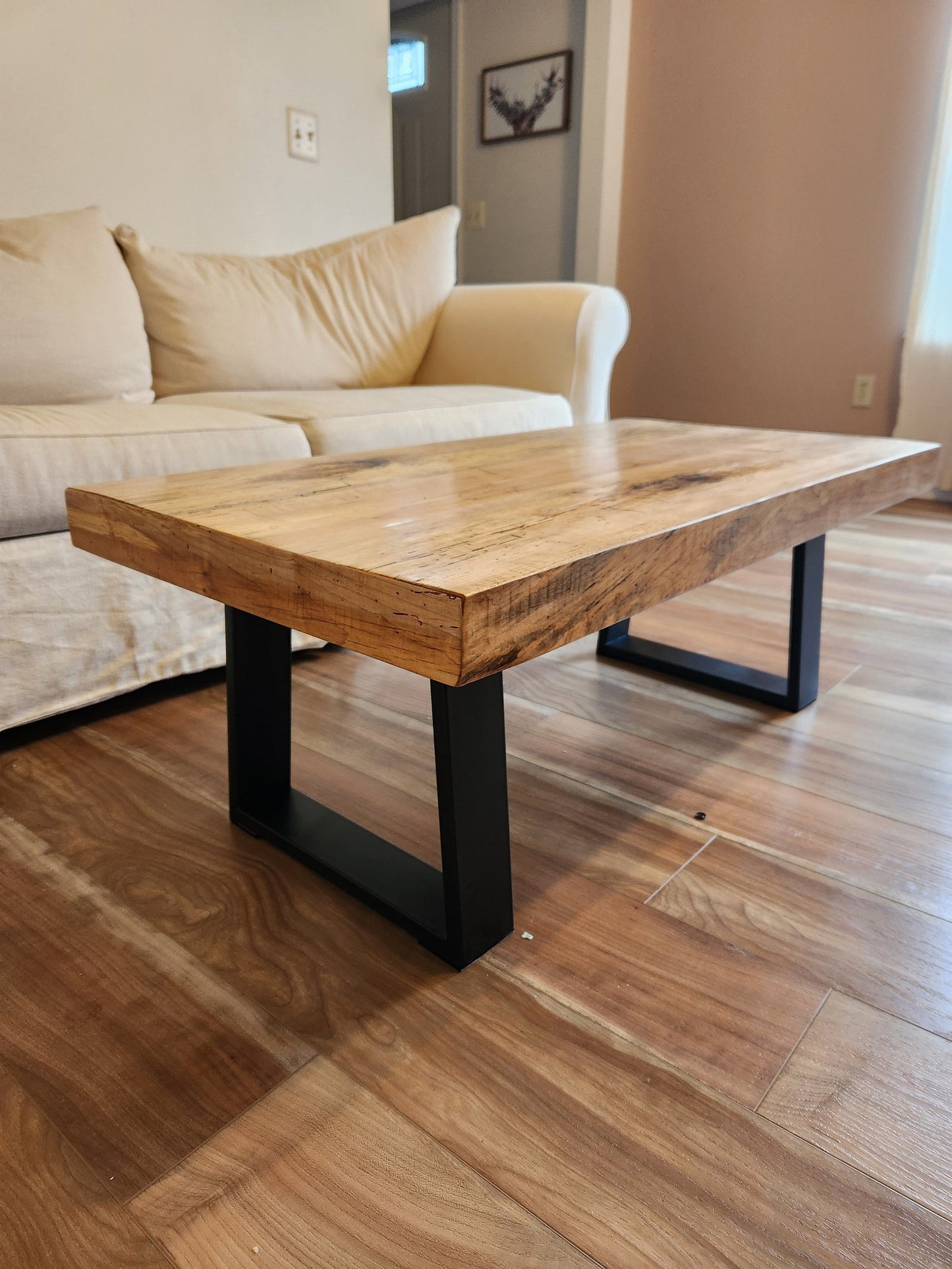 Rustic spalted maple coffee table with thick squared metal legs