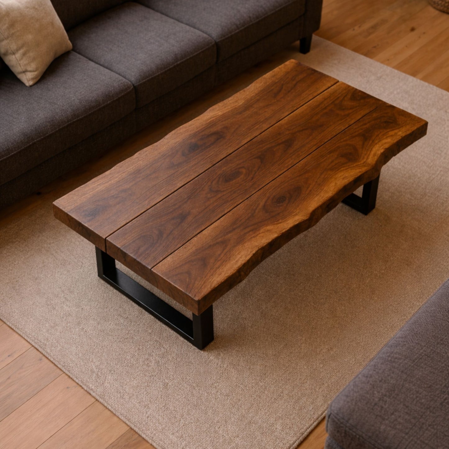 Rustic Live Edge Walnut Hardwood Coffee Table with Black Metal U-Shaped Legs