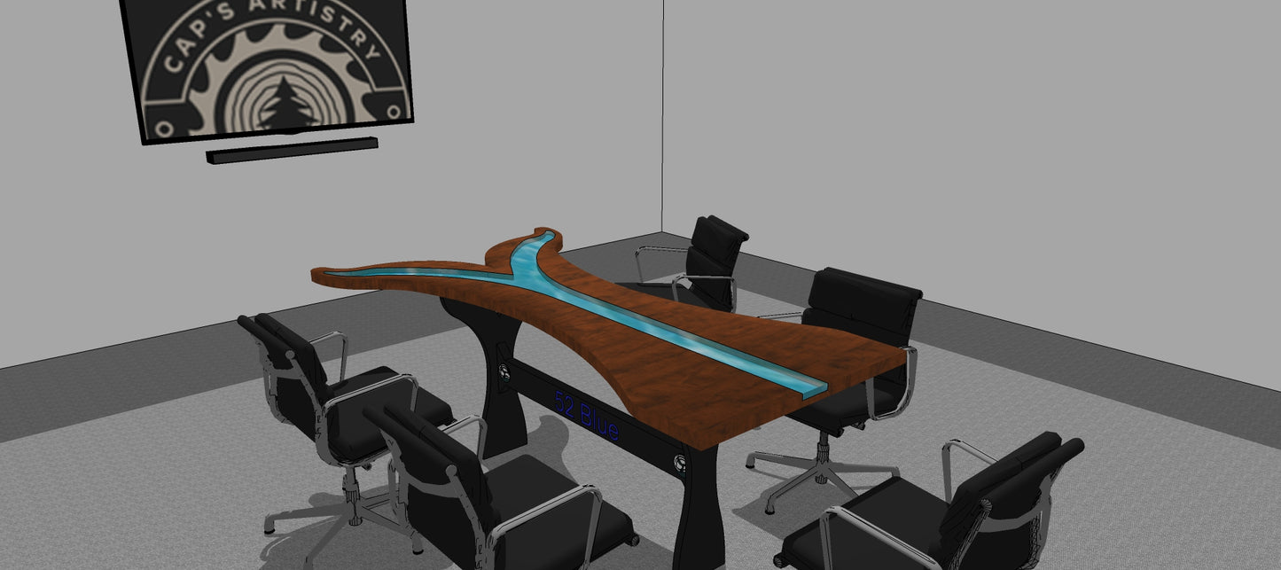 Walnut conference table shaped like a whale tail with blue epoxy river running down the center. Custom metal legs engraved with business name and logo.