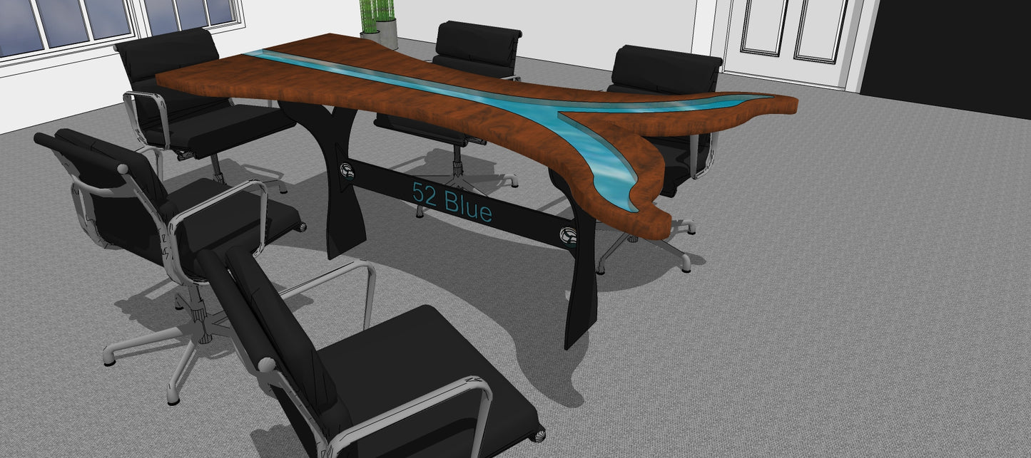 Walnut conference table shaped like a whale tail with blue epoxy river running down the center. Custom metal legs engraved with business name and logo.