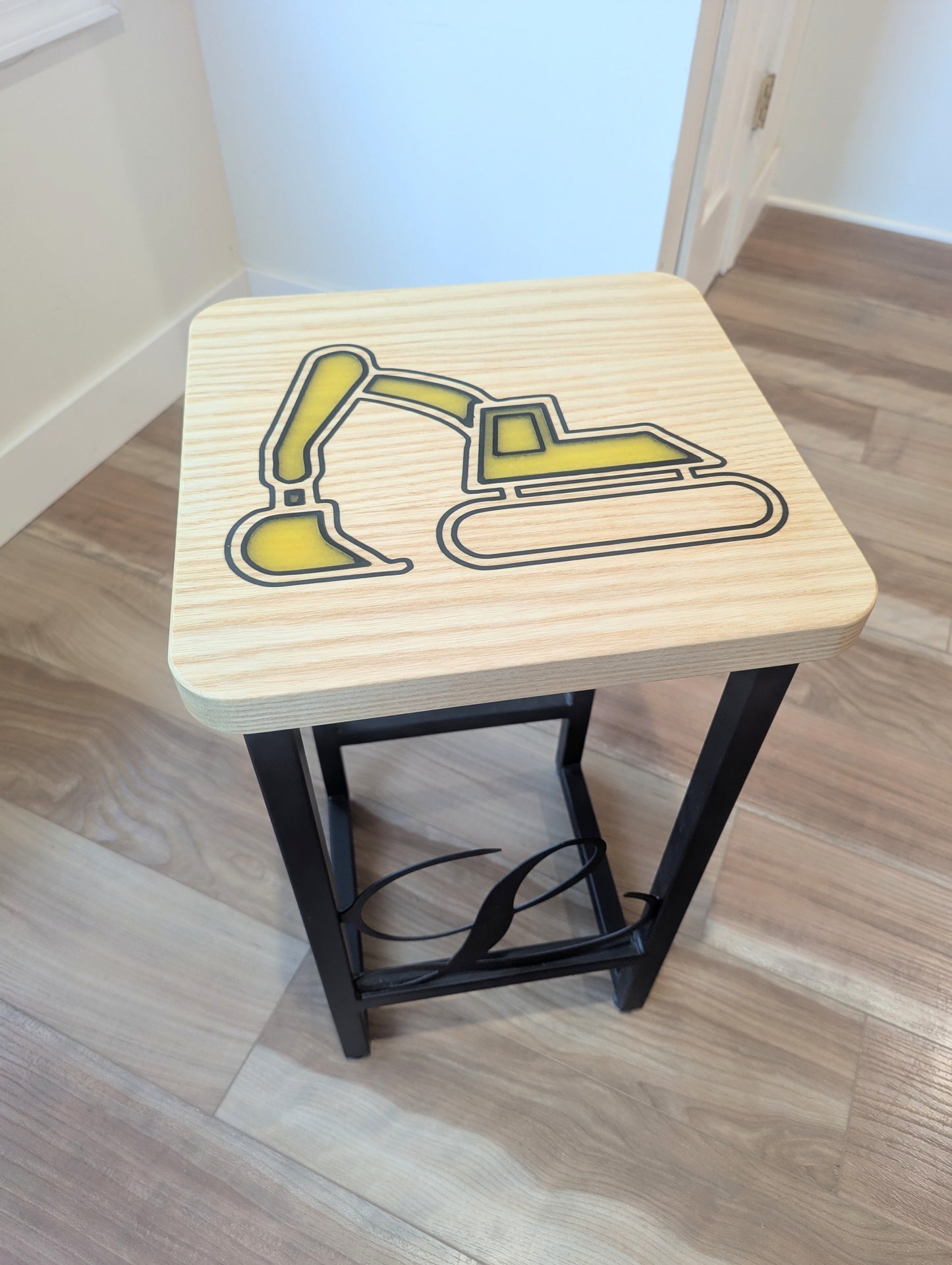 Ash Bar Stool with Custom Engraved Metal Legs and Epoxy Excavator Inlay