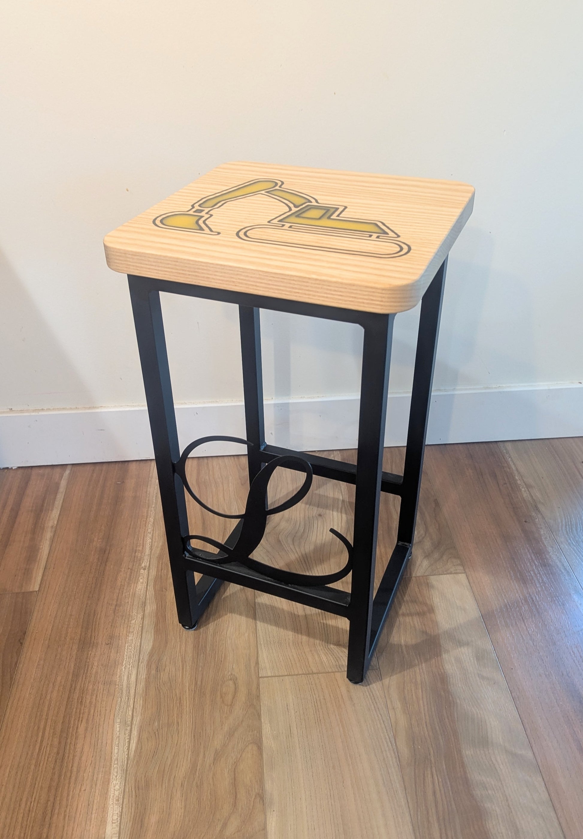 Ash Bar Stool with Custom Engraved Metal Legs and Epoxy Excavator Inlay