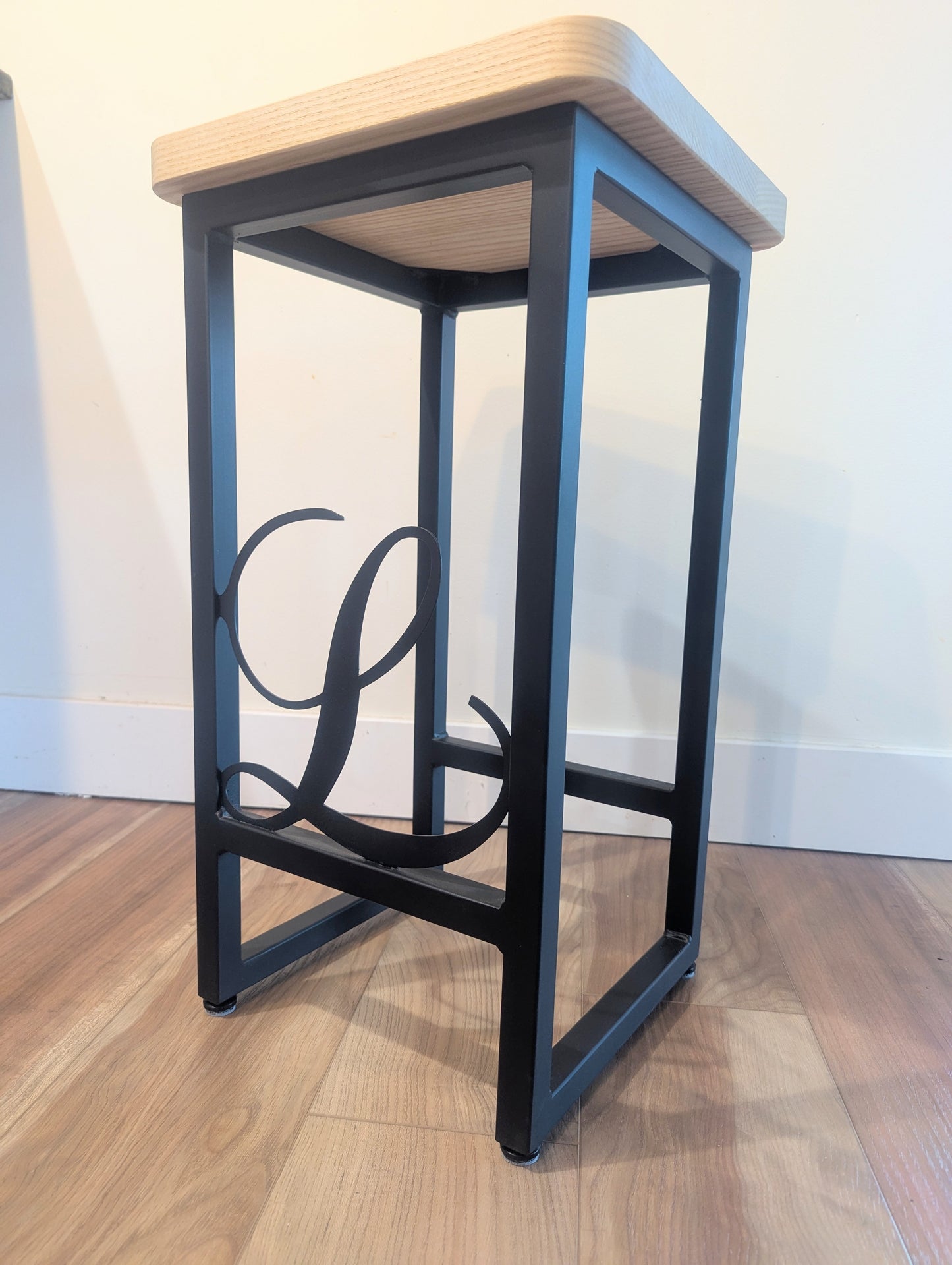 Ash Bar Stool with Custom Engraved Metal Legs and Epoxy Excavator Inlay