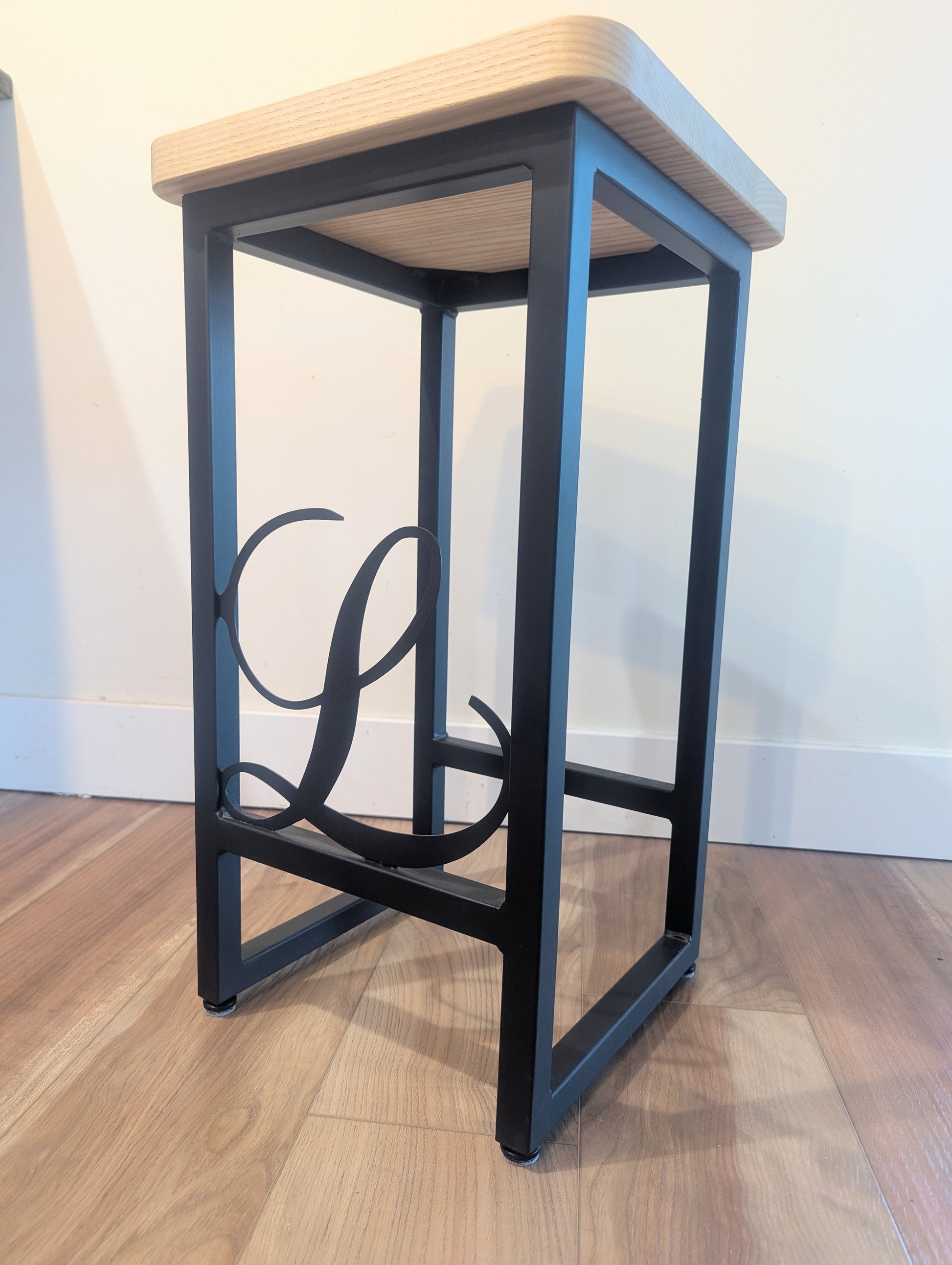 Ash Bar Stool with Custom Engraved Metal Legs and Epoxy Excavator Inlay