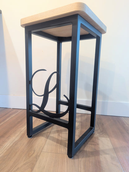 Ash Bar Stool with Custom Engraved Metal Legs and Epoxy Excavator Inlay