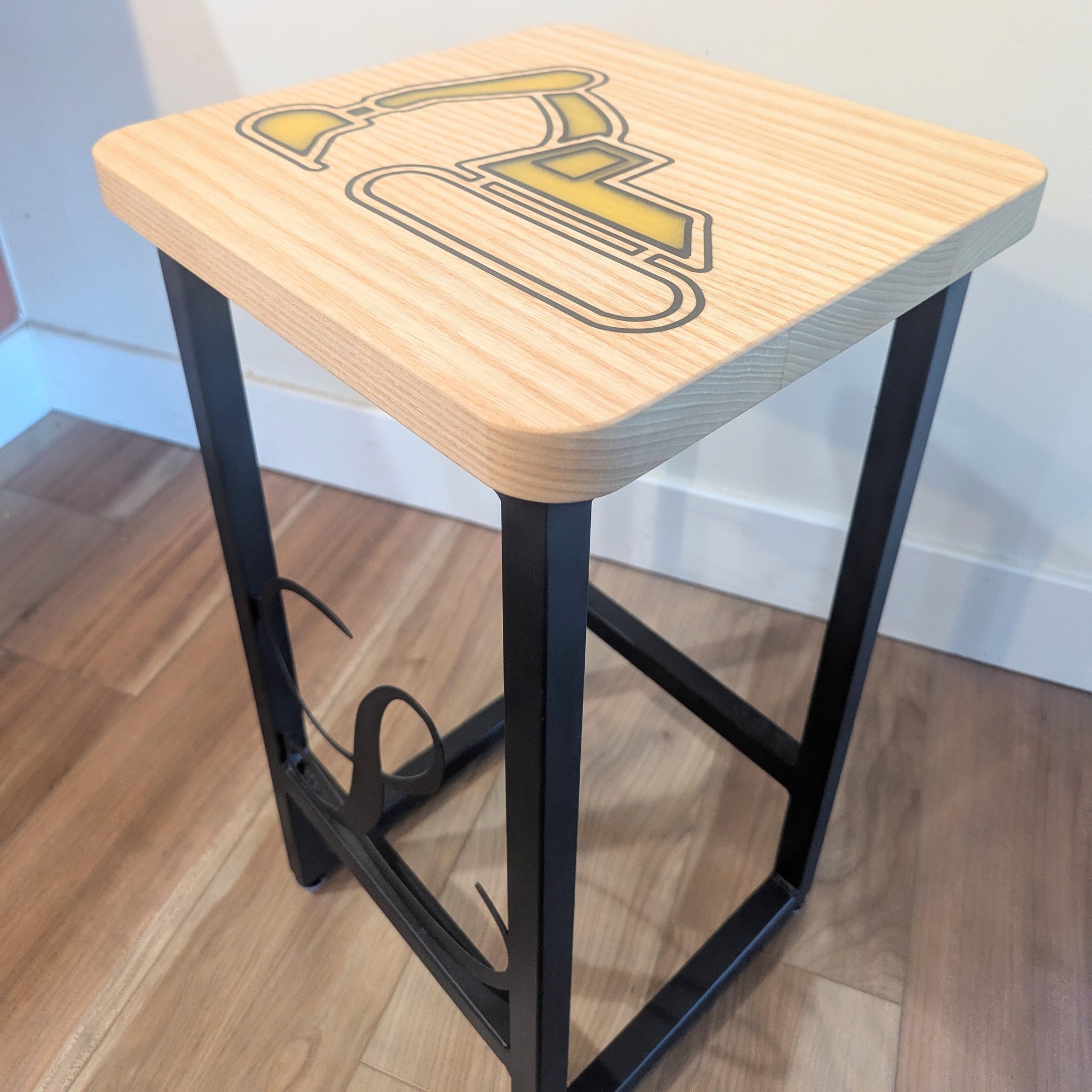 Ash Bar Stool with Custom Engraved Metal Legs and Epoxy Excavator Inlay