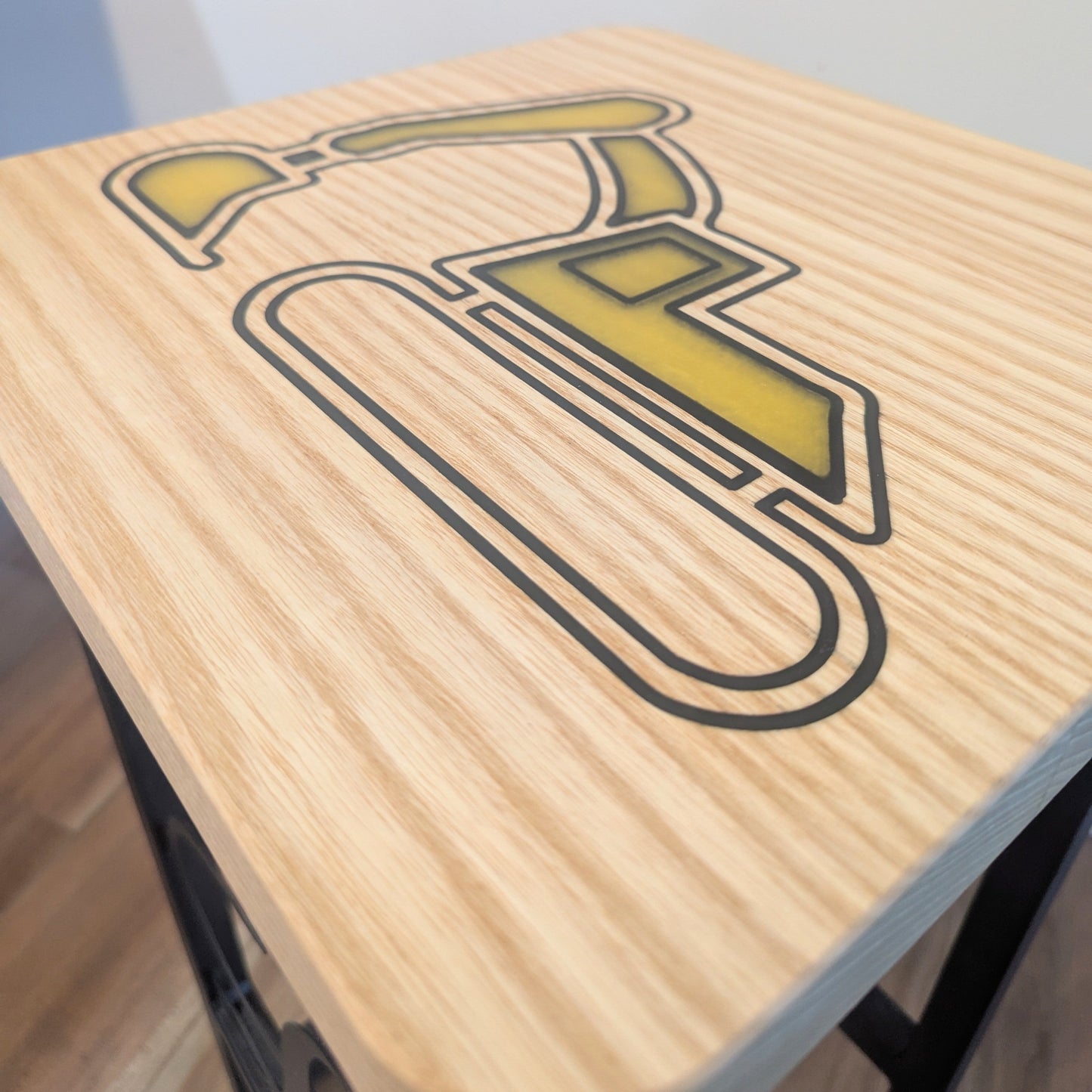 Ash Bar Stool with Custom Engraved Metal Legs and Epoxy Excavator Inlay
