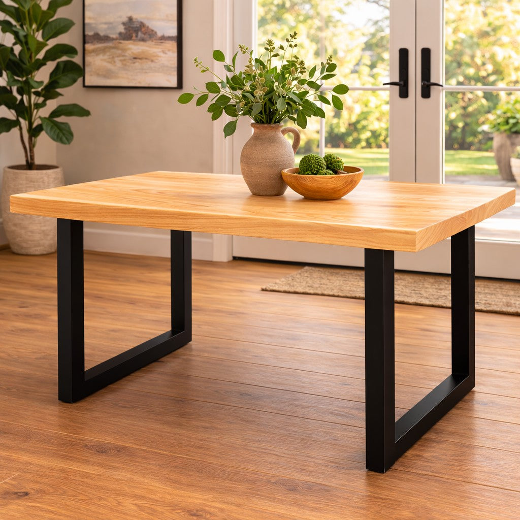 Solid Ash Hardwood Dining Table with Black Metal U-Shaped Legs