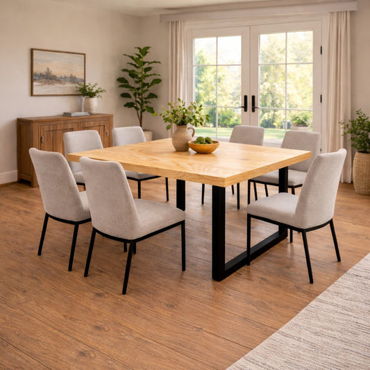 Solid Ash Hardwood Dining Table with Black Metal U-Shaped Legs