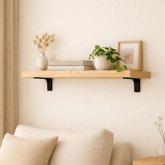 Modern Ash Hardwood Minimalist Shelf with Heavy Duty Black Metal Brackets