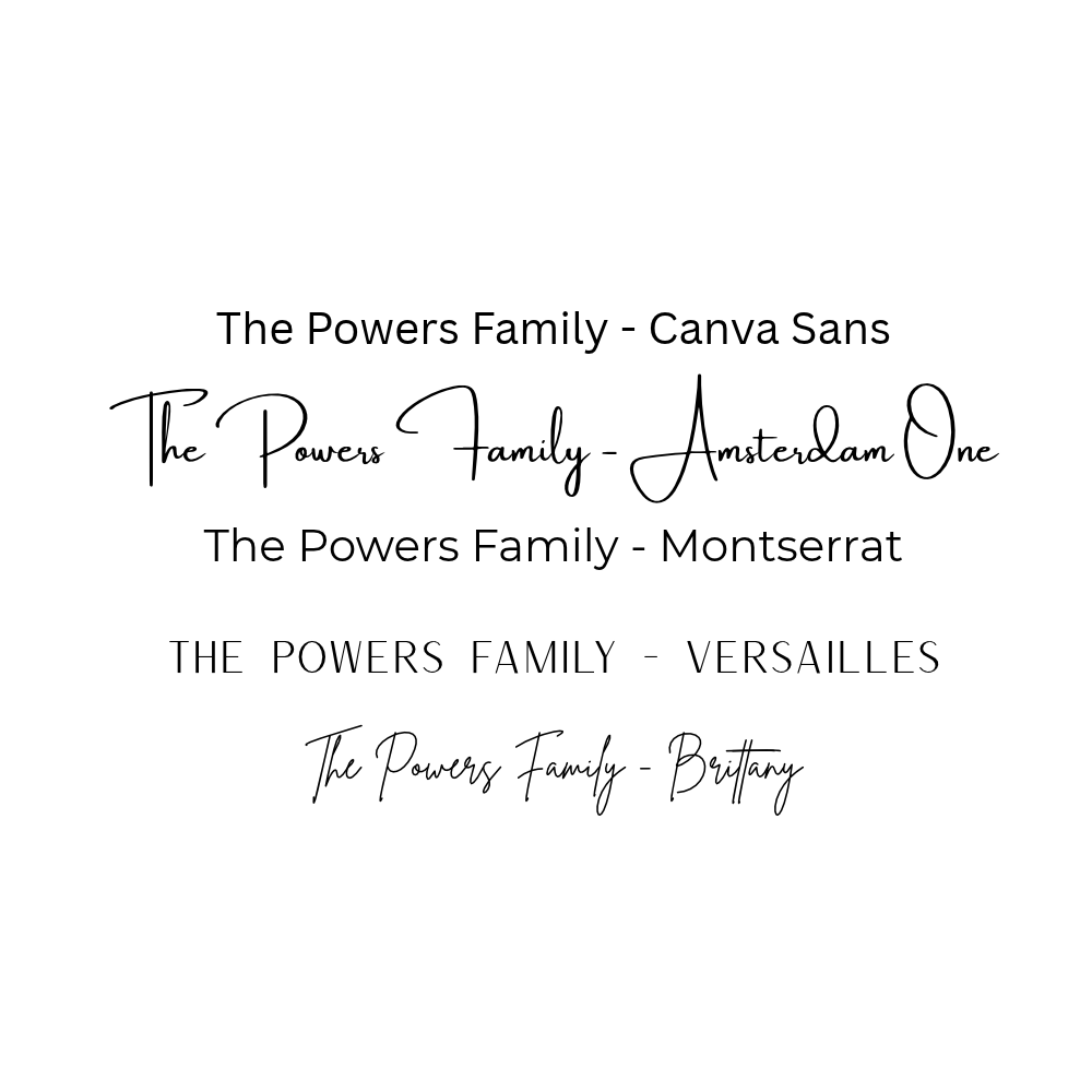 A white square graphic displaying text options for 'The Powers Family' in black fonts, including Canva Sans, Amsterdam One, Montserrat, Versailles, and Brittany, arranged in a centered grid.