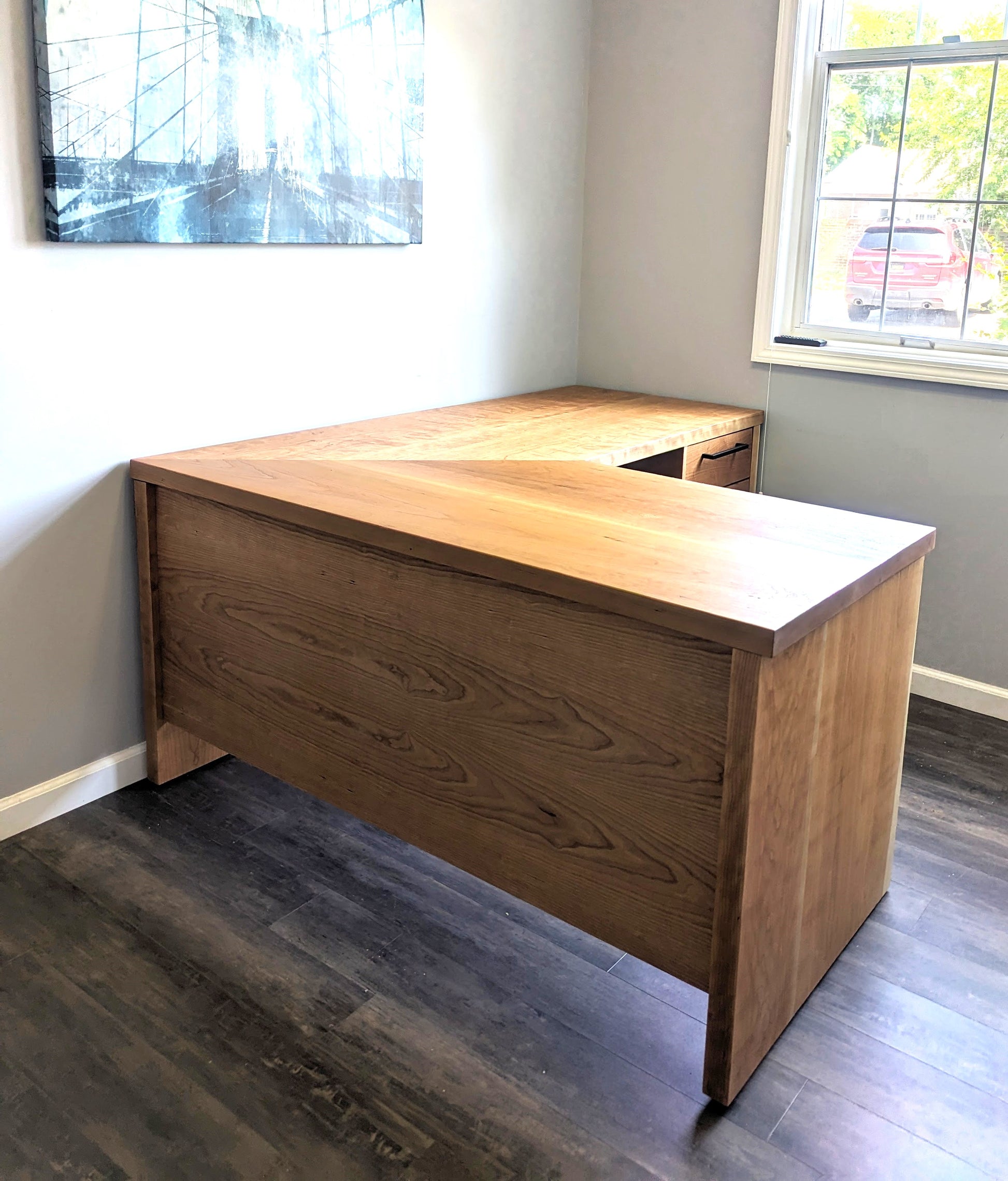 Cherry L-Shaped office desk furniture with two drawers