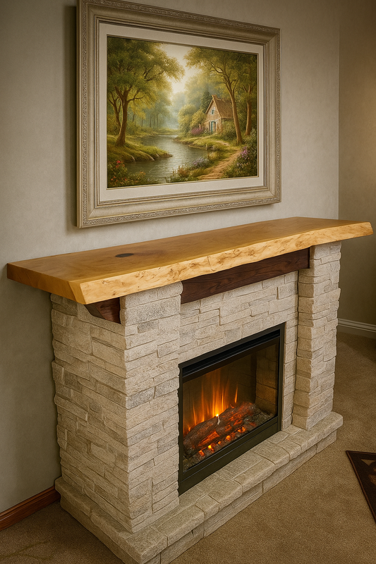 Rustic live edge cherry mantel rested above a stone fireplace