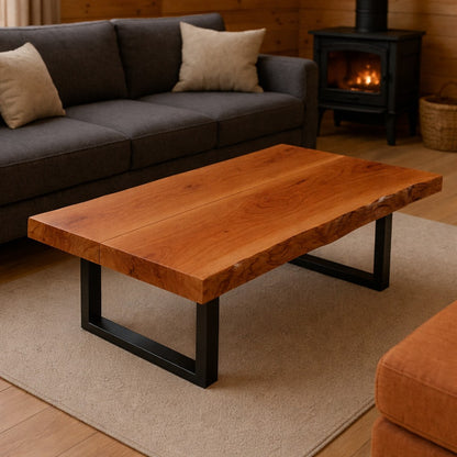 Rustic Live Edge Cherry Hardwood Coffee Table with Black Metal U-Shaped Legs