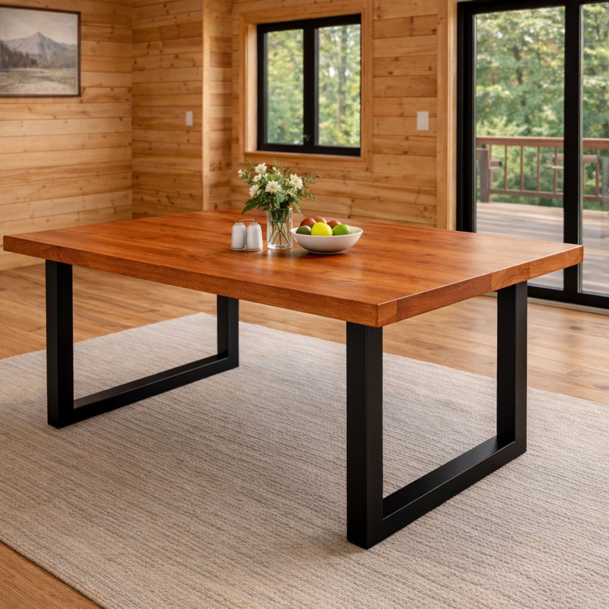 Solid Cherry Hardwood Dining Table with Black Metal U-Shaped Legs