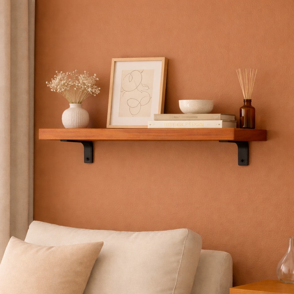 Modern Cherry Hardwood Minimalist Shelf with Heavy Duty Black Metal Brackets