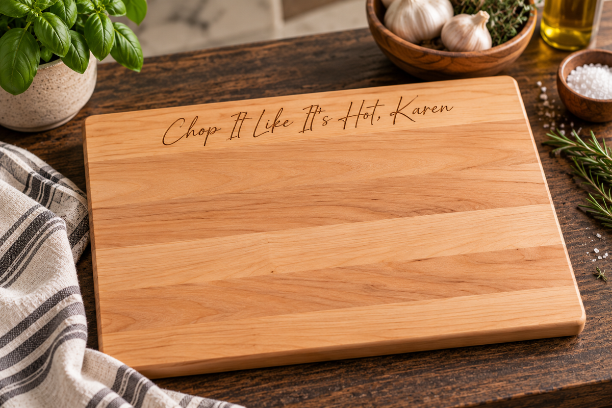 A rectangular wooden cutting board with the engraved phrase 'Chop It Like It's Hot, Karen' in script at the top, displayed on a rustic dark wood table with kitchen ingredients and a striped cloth around it.