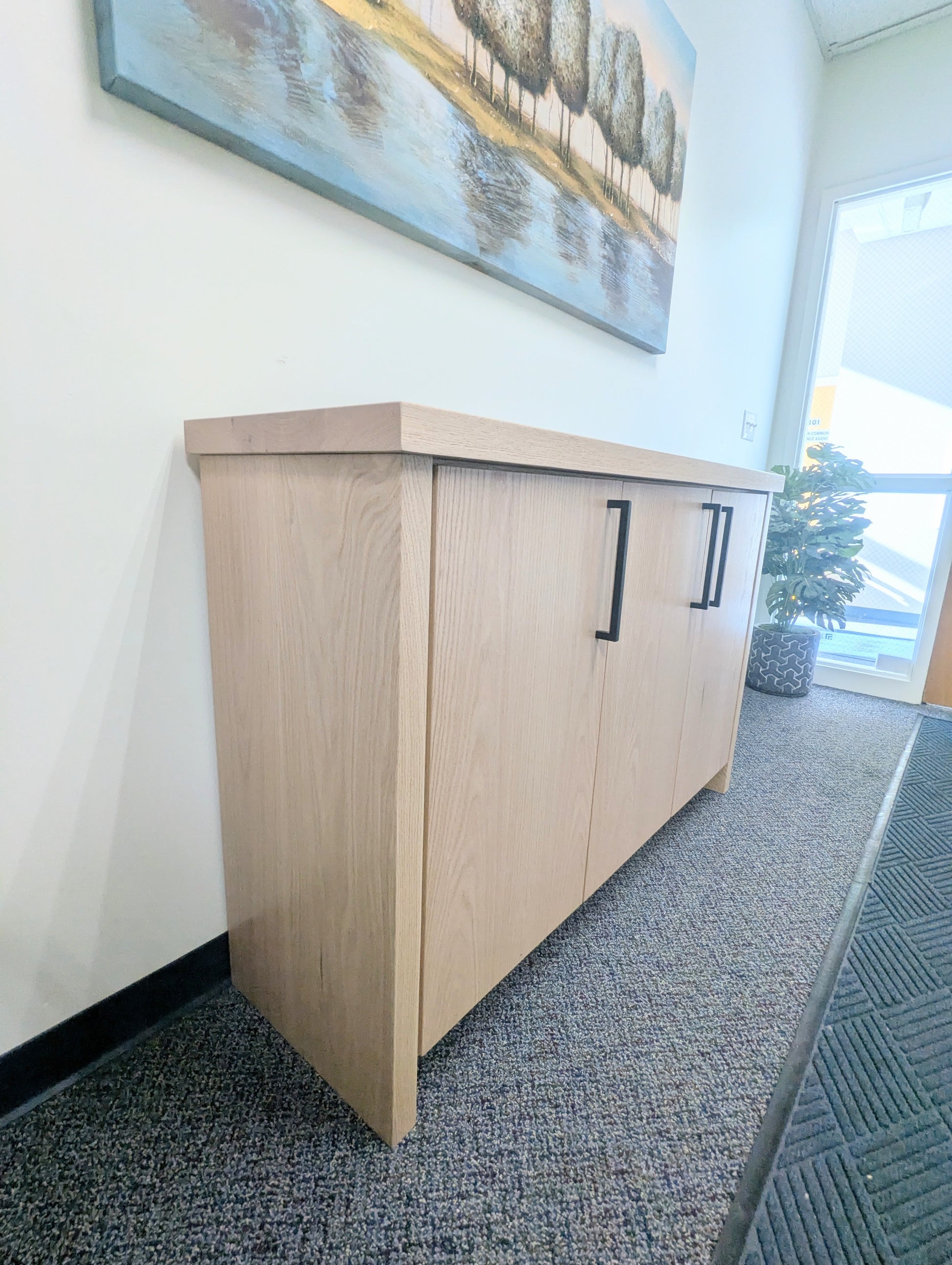 Red Oak Wood Coffee Bar Cabinet with Built In Doors and Shelf with Black Metal Handles