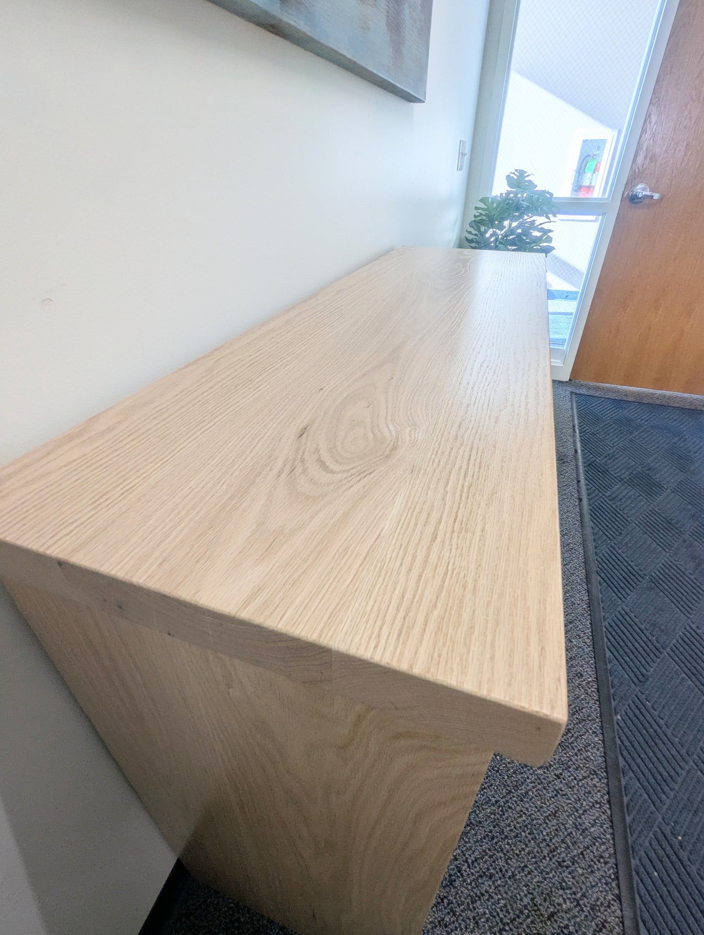 Red Oak Wood Coffee Bar Cabinet with Built In Doors and Shelf with Black Metal Handles