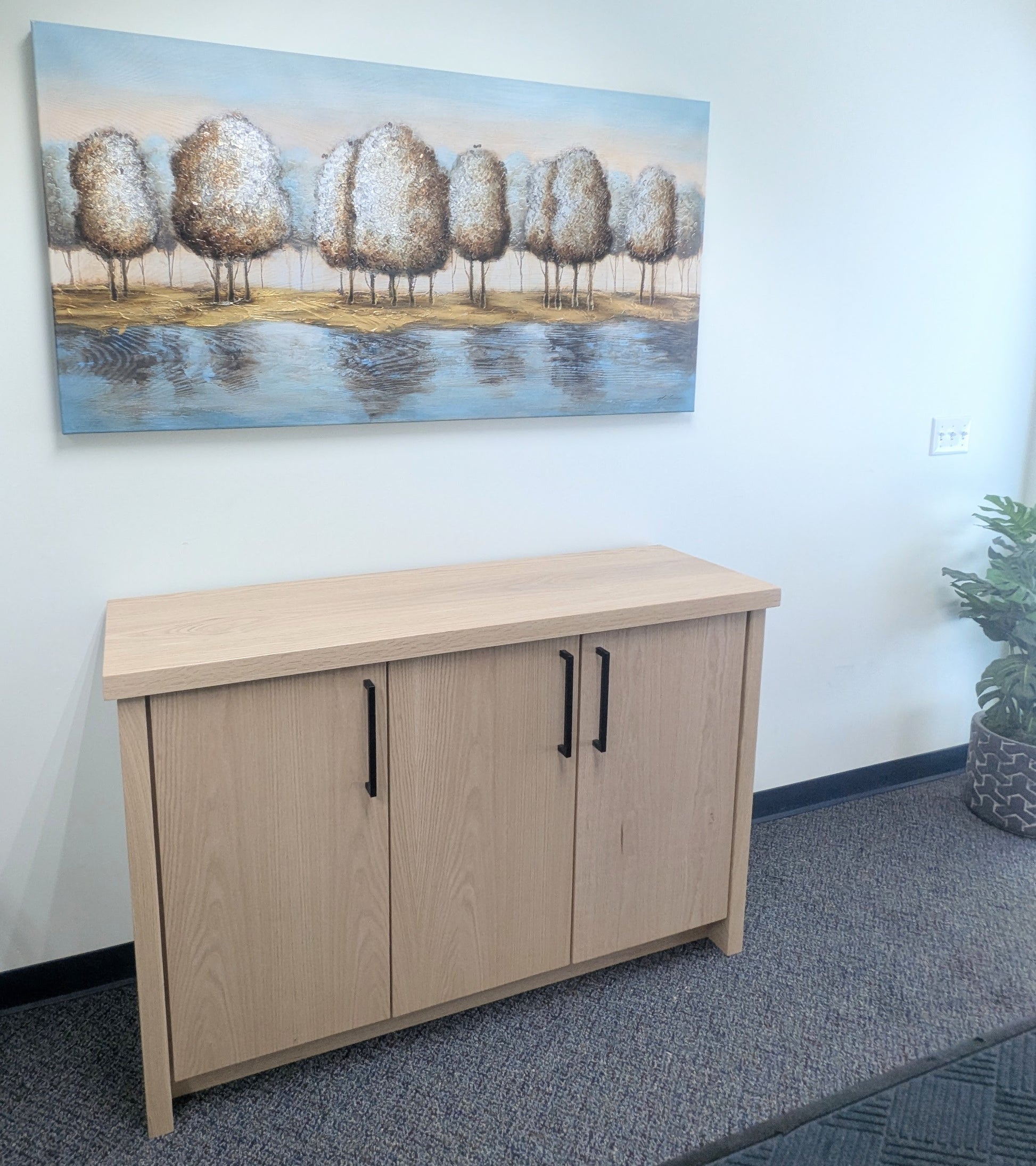 Red Oak Wood Coffee Bar Cabinet with Built In Doors and Shelf with Black Metal Handles