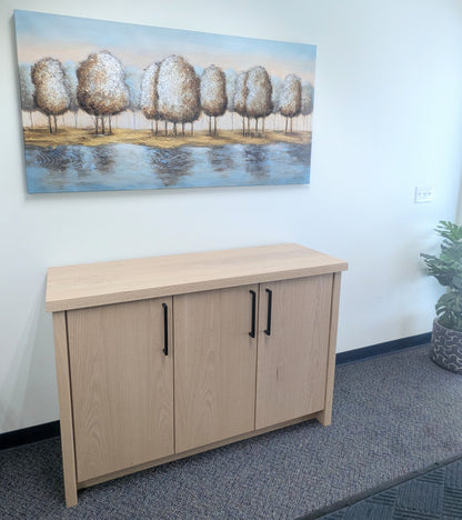 Red Oak Wood Coffee Bar Cabinet with Built In Doors and Shelf with Black Metal Handles