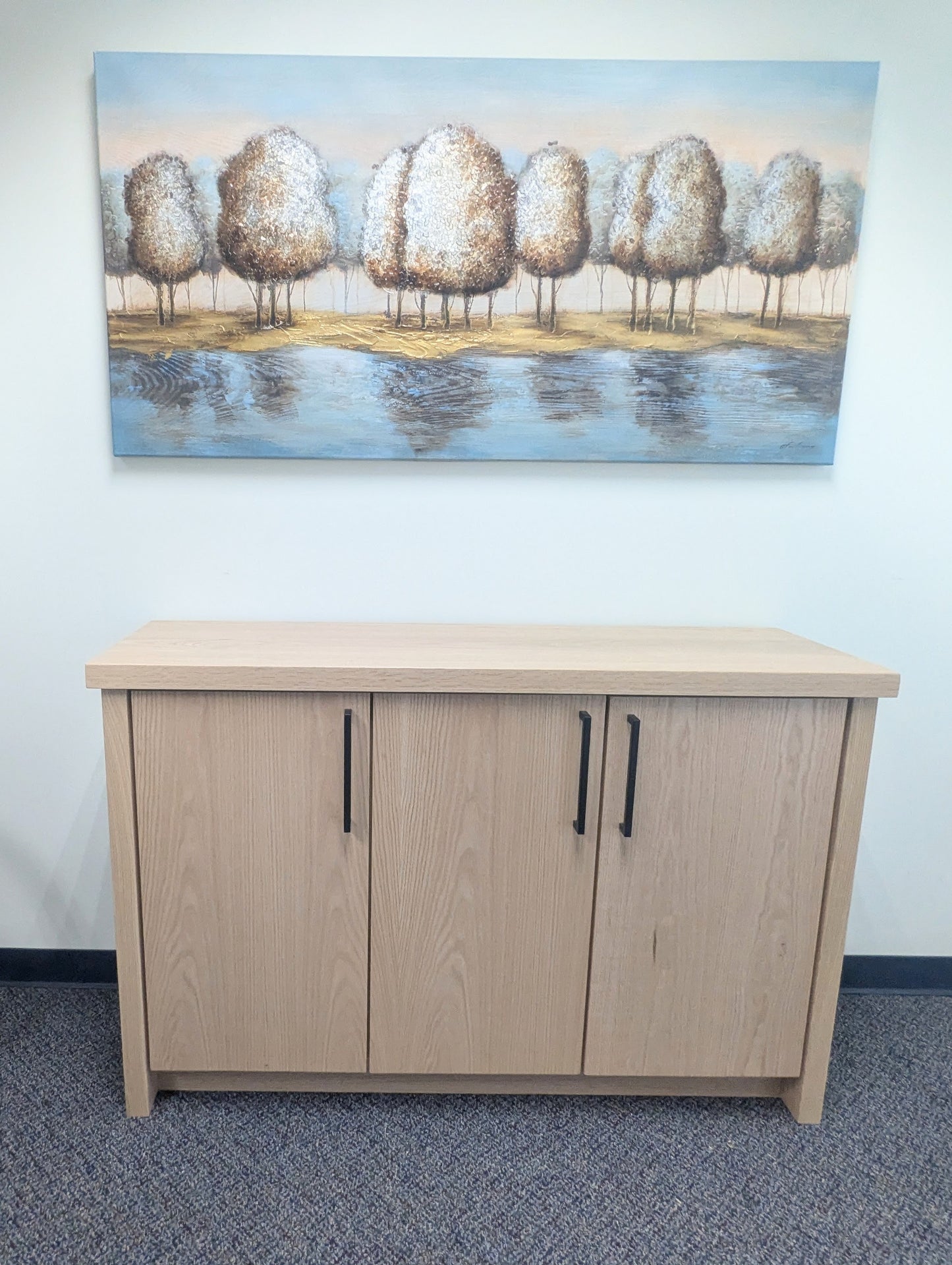 Red Oak Wood Coffee Bar Cabinet with Built In Doors and Shelf with Black Metal Handles