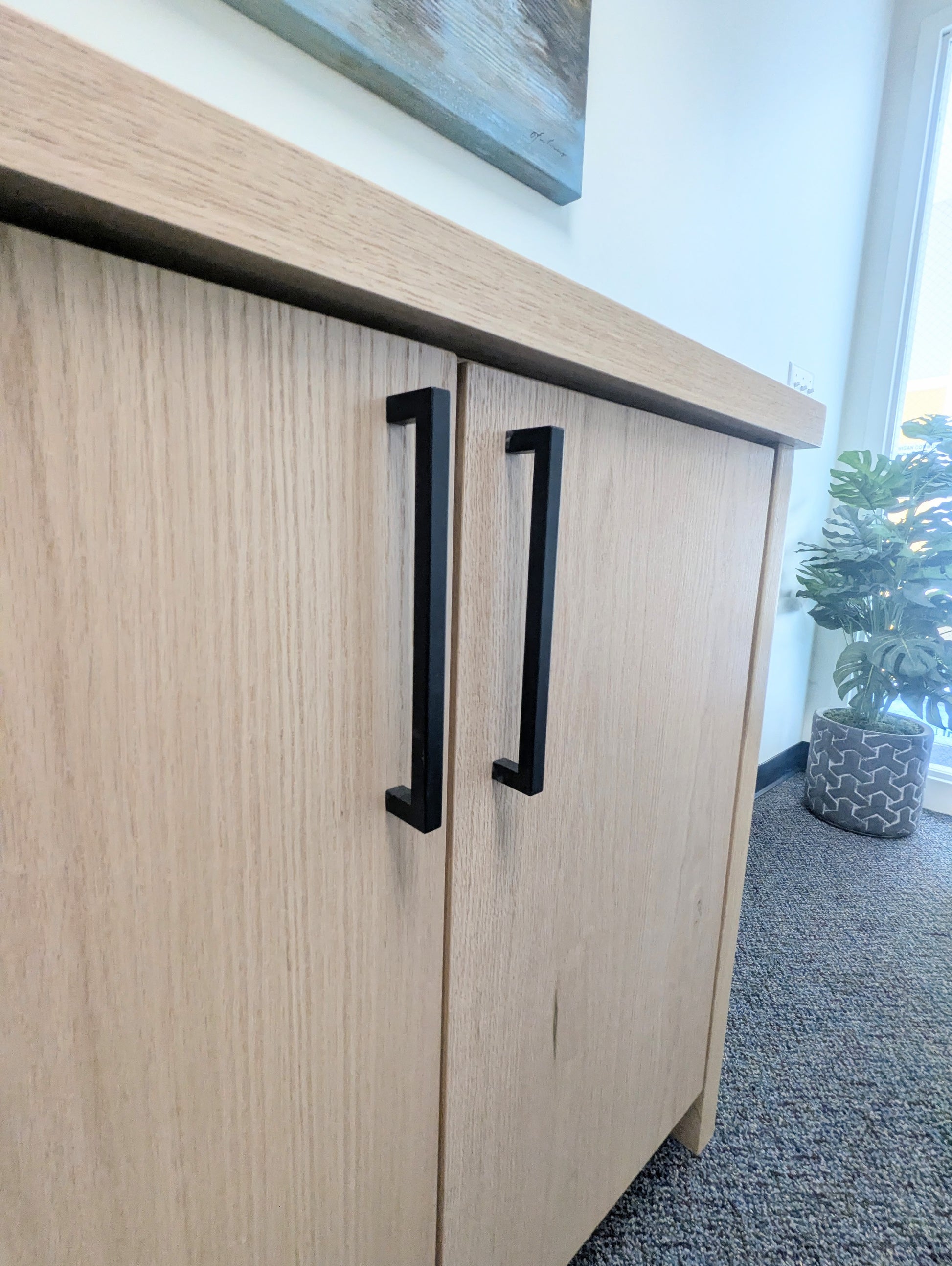 Red Oak Wood Coffee Bar Cabinet with Built In Doors and Shelf with Black Metal Handles
