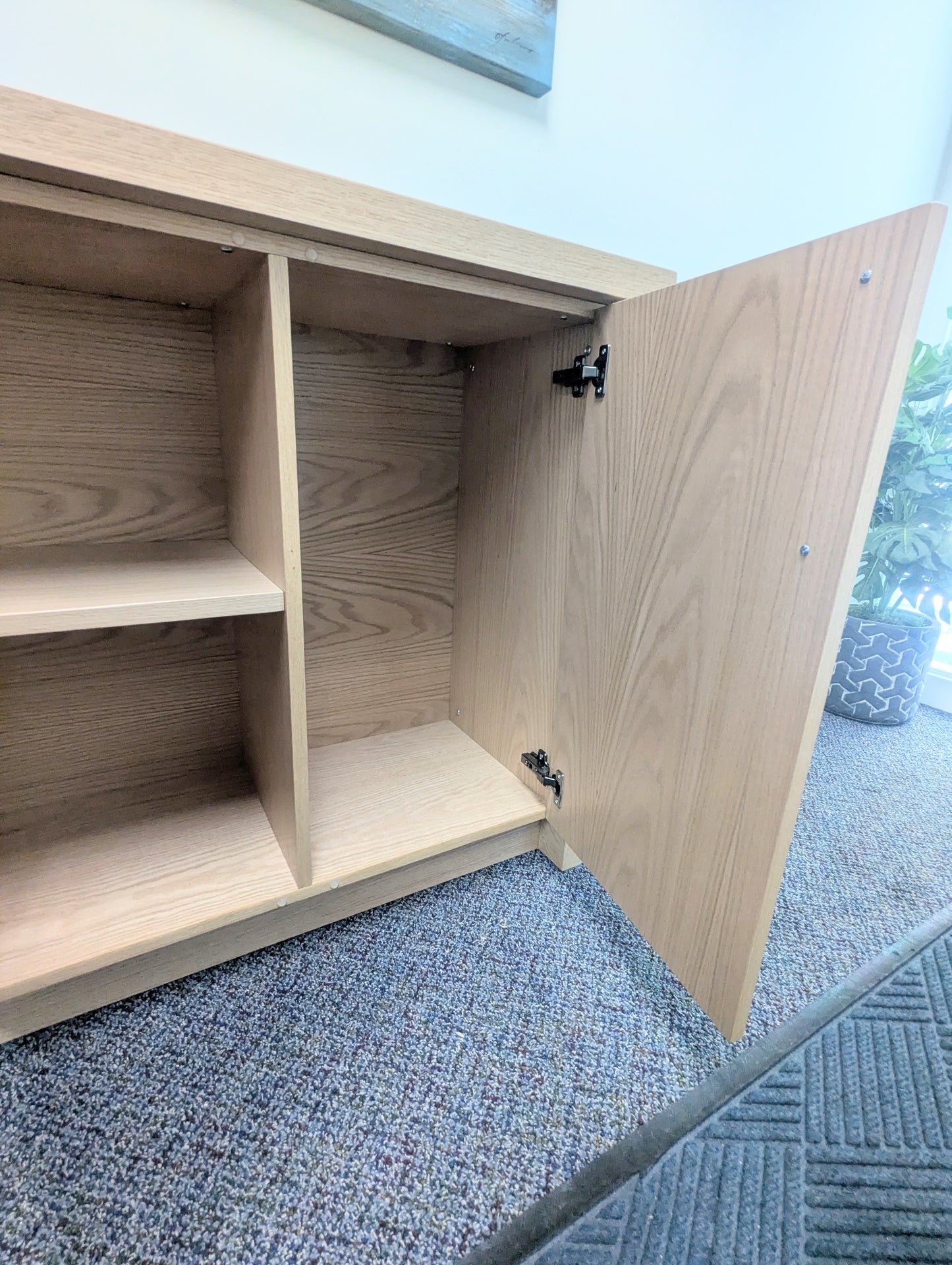 Red Oak Wood Coffee Bar Cabinet with Built In Doors and Shelf with Black Metal Handles