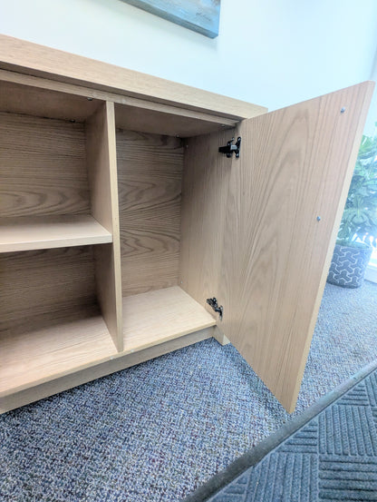 Red Oak Wood Coffee Bar Cabinet with Built In Doors and Shelf with Black Metal Handles