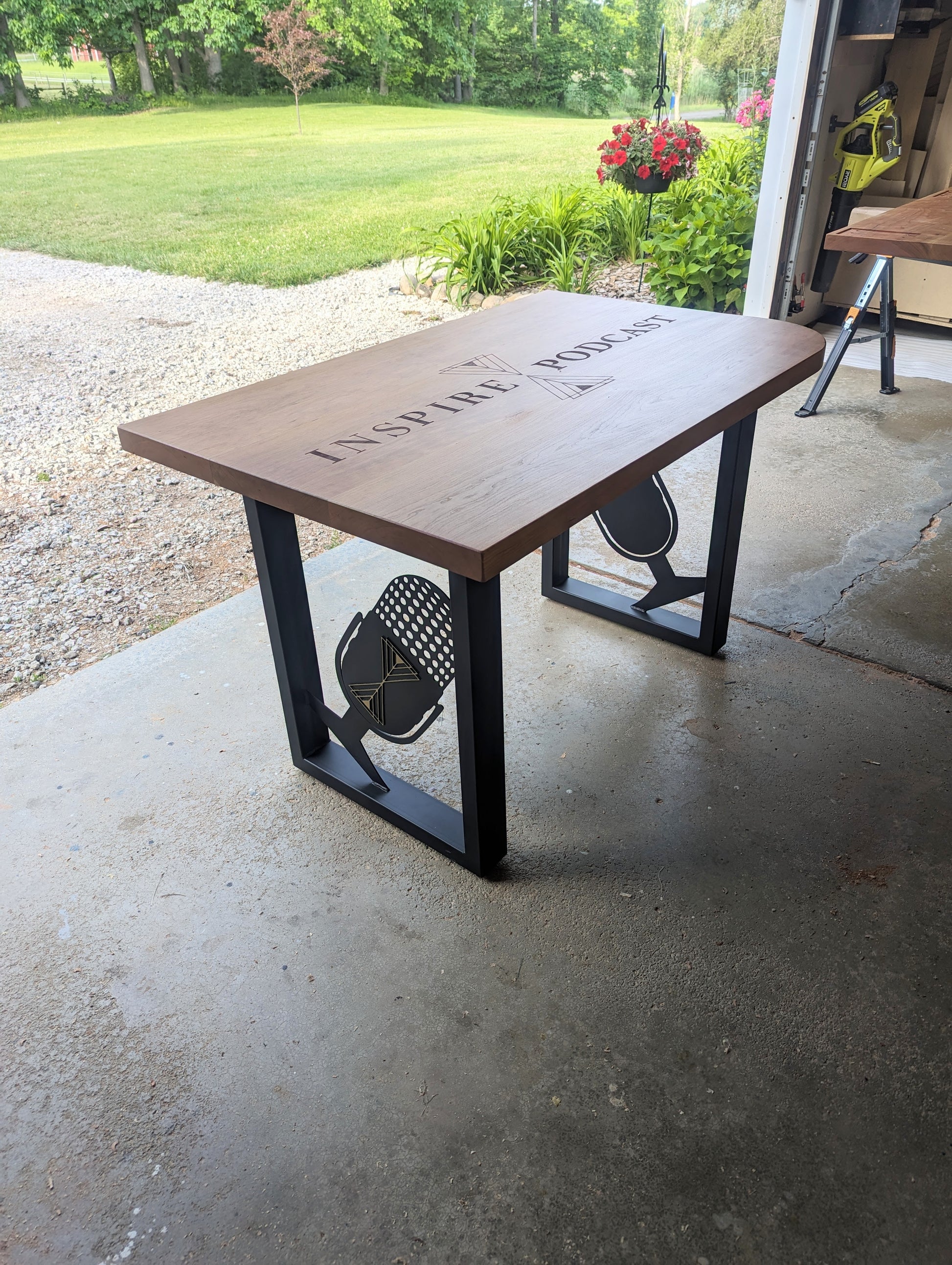 Custom cherry desk for podcast recording