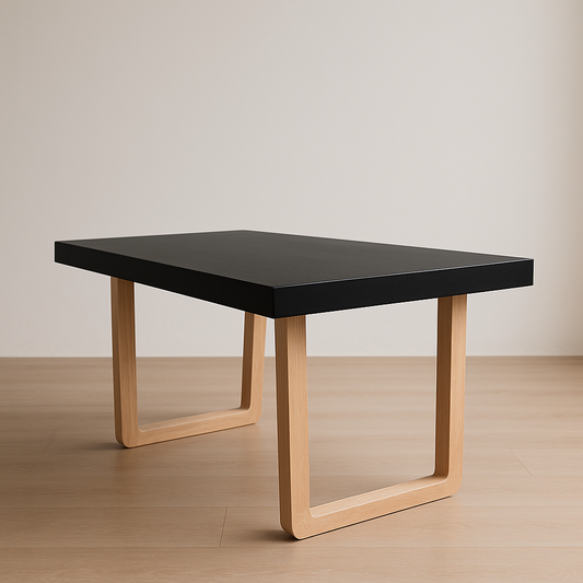 Contemporary oak dining table with black top and natural finished wood legs that are rounded at the bottom corners