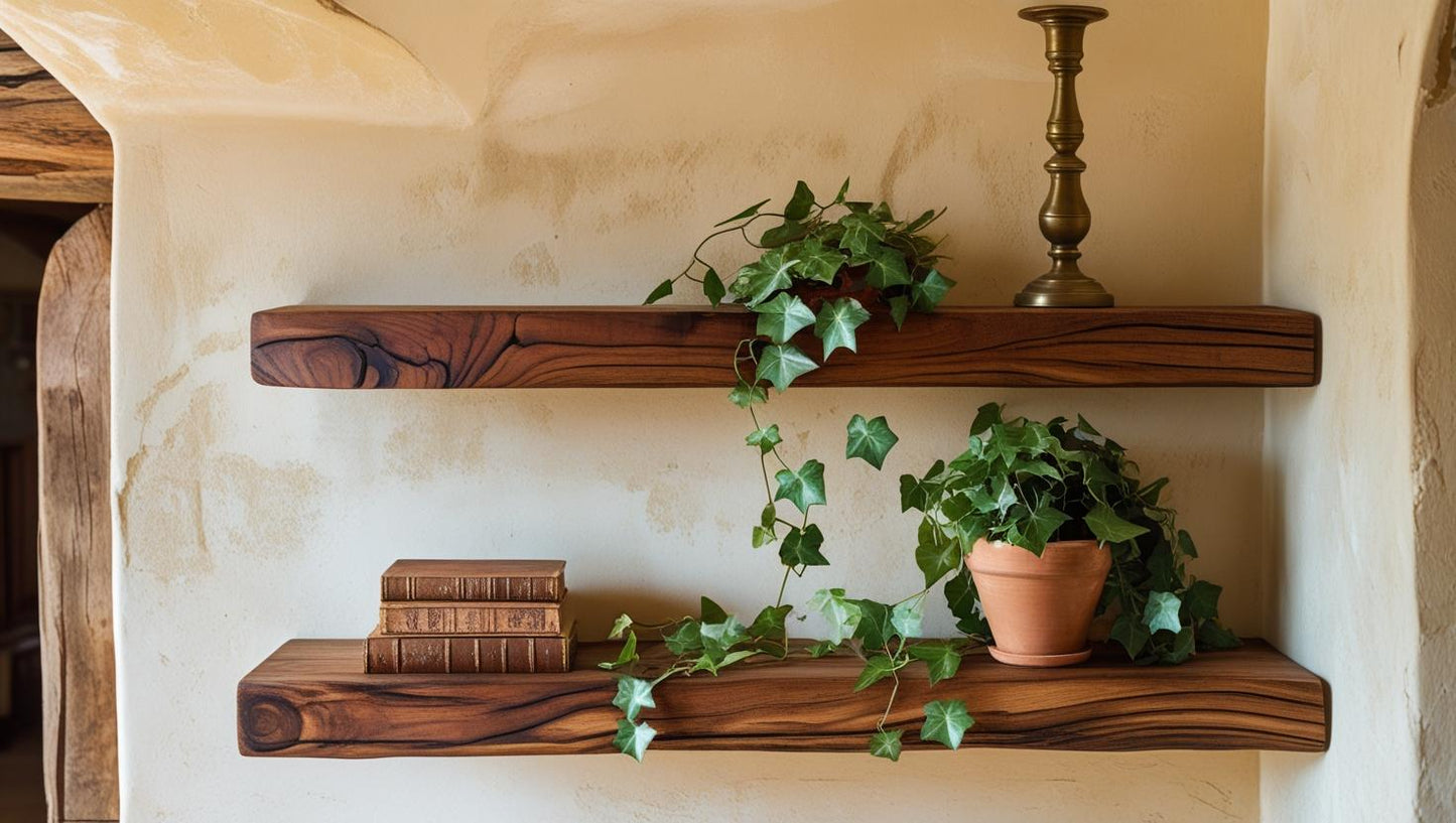 Rustic walnut floating shelves