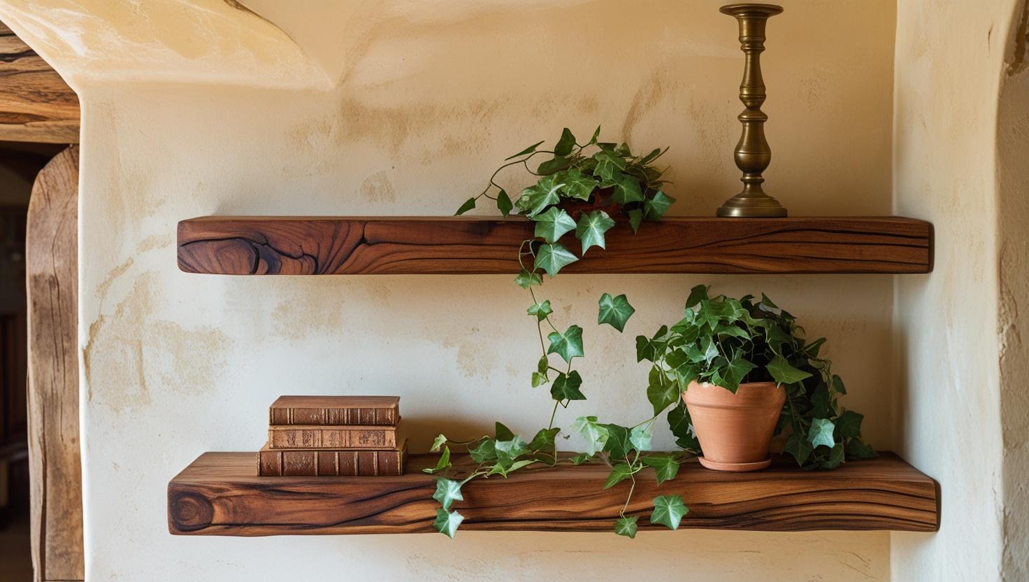 Rustic walnut floating shelves