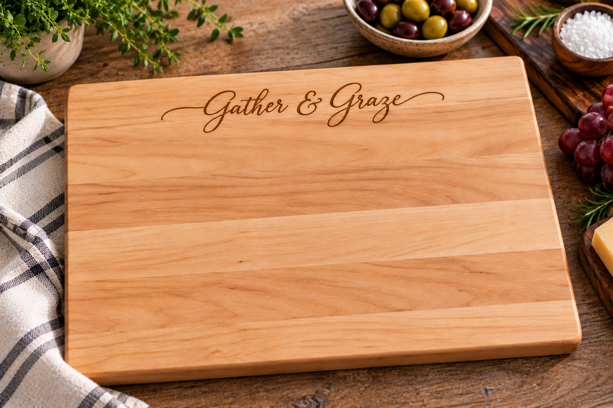 A rectangular wooden serving board with the words 'Gather & Graze' engraved at the top, styled on a rustic wooden table with olives, grapes, a checkered cloth, and herbs around it.