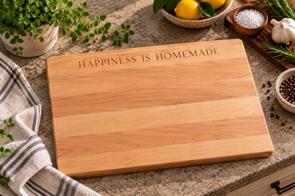 A rectangular wooden cutting board with the engraved phrase 'HAPPINESS IS HOMEMADE' placed on a granite countertop, surrounded by kitchen props including lemons, herbs, garlic, salt, peppercorns, and a striped cloth.