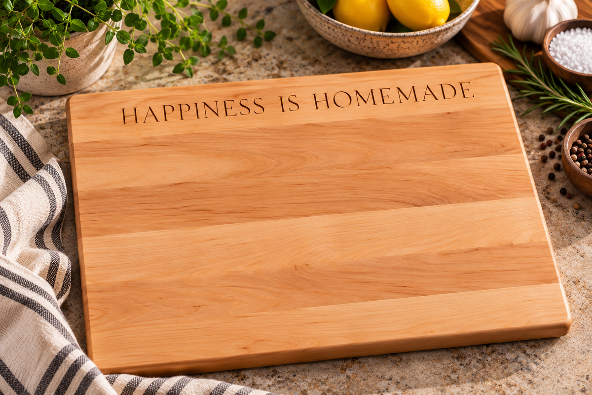 A rectangular wooden cutting board with the engraved text 'HAPPINESS IS HOMEMADE' in a warm natural wood finish. The board is styled in a kitchen setting with a striped kitchen towel, fresh herbs, garlic, lemons, and spices.