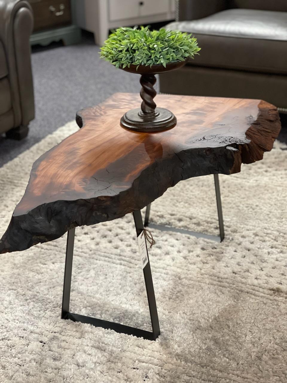 Live Edge Rustic Walnut Hardwood Side Table with Black Metal Legs