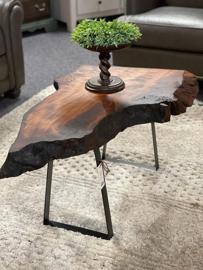 Live Edge Rustic Walnut Hardwood Side Table with Black Metal Legs